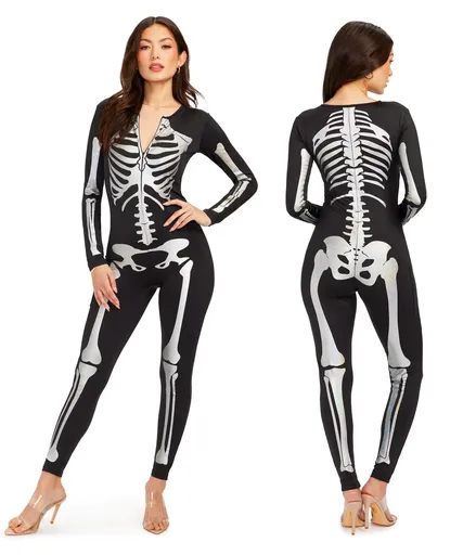 Skeleton Print Catsuit for Halloween Costume, Festive Party & Themed Event Wear, XXXL (white)