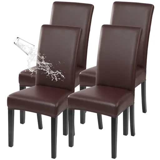 Waterproof PU Leather Dining Chair Covers Set of 4, Stretch Oilproof Chair Slipcovers Removable Washable Kitchen Chair Protector for Dining Room (Brown)