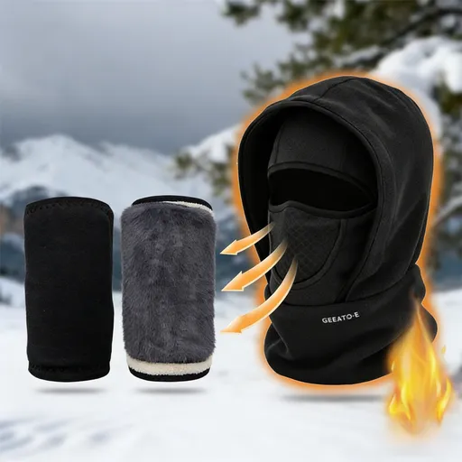 Windproof Thermal Rider Protection Set - 2 Pack Faux Rabbit Fur Knee Braces & Black Fleece Balaclava Hood Outdoor Sports Warmth Bundle