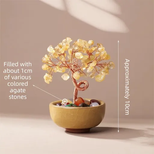Natural Yellow Crystal Money Tree with Agate Basin & Adjustable Wire Branches - Desktop Feng Shui Decor for Wealth and Prosperity