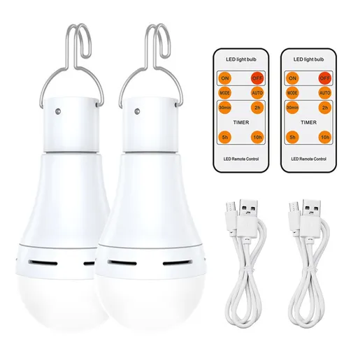 2 Pack USB Rechargeable 7W E27 LED Battery Bulbs with Remote Control and Hook