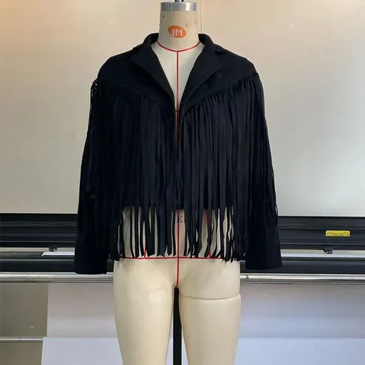 Women Suede Jacket Lapel Tassel Short SU2674 Black Size: S; Height (cm): 155-160; Weight (kg): 45-50; Bust (cm): 82-86; Waist (cm): 66-70; Shoulder width (cm): 37; Length (cm): 58