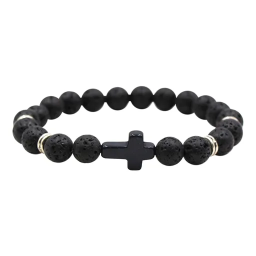 Natural Stone Black Cross Stretch Bracelet Elastic Thread Beaded Unisex Jewelry - One Size Fits Most Wrist, Spiritual Healing Crystal Bead Gift, Grey