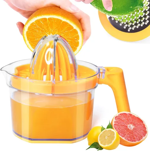 Lemon Squeezer 4-in-1 Lemon Hand Juicer - Manual Orange Juicer Multifunctional Lemons Lime Squeezer, Citrus Juicers Press Fruit with Detachable Comfortable Handle, 16.9oz Capacity (ORANGE)