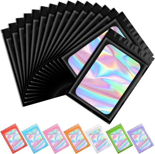100 pcs Black Mylar Holographic Bags Packaging Bags,Clear Resealable Bag Foil Pouch Bag for Food Storage and Lipgloss,Jewelry,Eyelash Packaging for Small Business(2.4x3.9Inch)