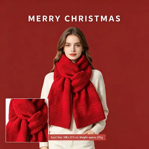 Red Woven Textured Women’s Scarf, Fluffy Cashmere Touch Oversized Shawl for Fashion Outfit Styling and Christmas Holiday Gift Giving