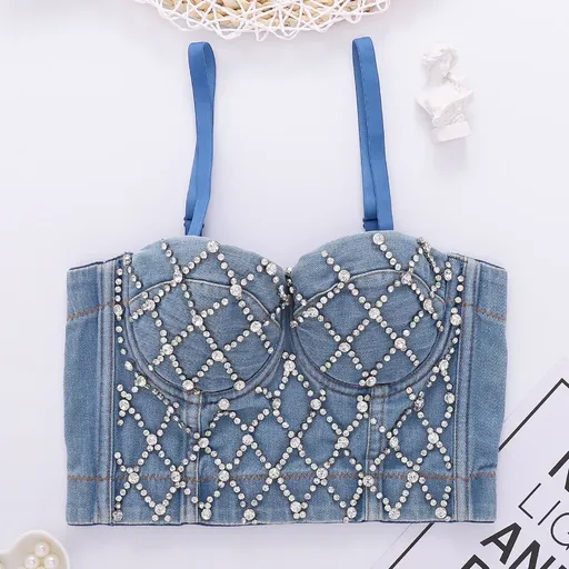 House Of Dasein Denim Tube Top With Built In Pads And Shaping Open Back Beaded Strapless Camisole For Women - Denim Blue - 38C/85