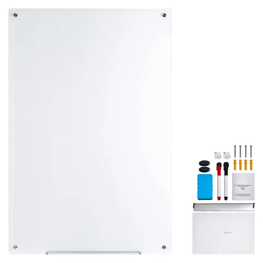 Magnetic Glass Whiteboard, Dry Erase Board 36"x24", Wall-Mounted Large White Glassboard Frameless, with Marker Tray, an Eraser and 2 Markers, White