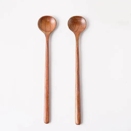 Wooden Soup Spoon, 2PCS Wooden Long Spoons Korean Style Natural Wood Long Handle Round Spoons Long Soup Spoons