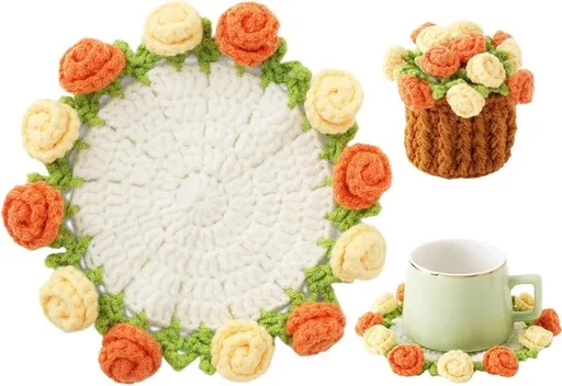 Coasters - Mini Basket Included - Floral Coasters - Vintage Rose Design - Suitable for coffee tables, weddings, housewarming parties, birthdays, etc.（Yellow）