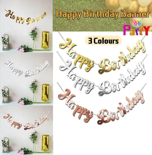 Happy Birthday Party Banner Decorations in Rose Gold Silver or Gold Bunting Garland - Rose Gold