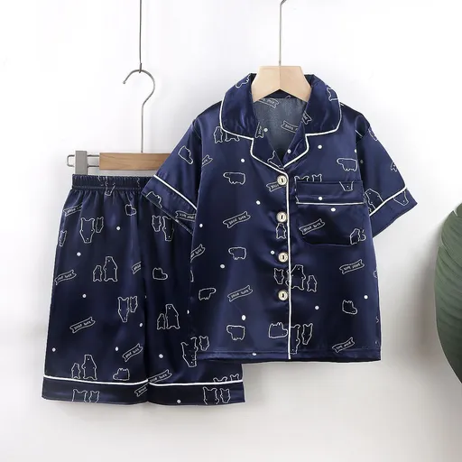 Beifujia Kids Ice Silk Cartoon Pajamas Set 2131-Ice Silk Dark Blue Polar Bear Home Clothes 120cm
