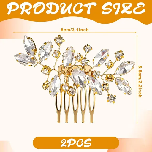 2 Pcs Bridal Hair Comb Gold Hair Piece Accessory Gold Rhinestone Hairs Accessories Golden Hairs Piece Sparkle Metal Crystal Accessories for Bride Bridesmaids Women Girls