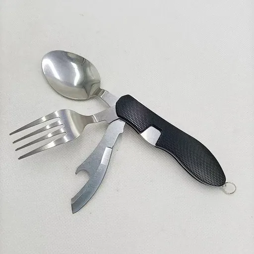 Folding Camping Cutlery Set, Multi Function Stainless Steel Spoon Fork Combo for Picnic Hiking Travel Backpacking-Black