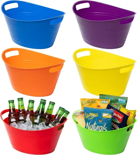 6 Pack Plastic Ice Buckets with Handles, 4.5 L Drink Tubs for Wine, Beer, Champagne, Parties, Bars and Beverage Cooling, Assorted Colours
