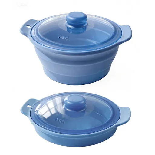 Foldable Food-Grade Silicone Steamer Pot with Lid and Steamer Rack – Space-Saving Collapsible Cookware for Microwave, Freezer, Camping, and Outdoor Meals, Effortless Storage and Versatile Kitchen Companion (Round Style, Dark Blue)