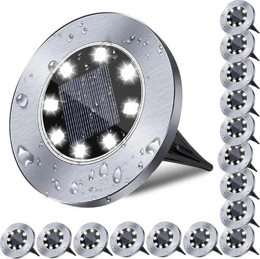 16 Pack Solar Ground Lights, Waterproof In-Ground Landscape Lights for Garden Paths, Lawns, Patios and Walkways, White Light, 12 cm Diameter
