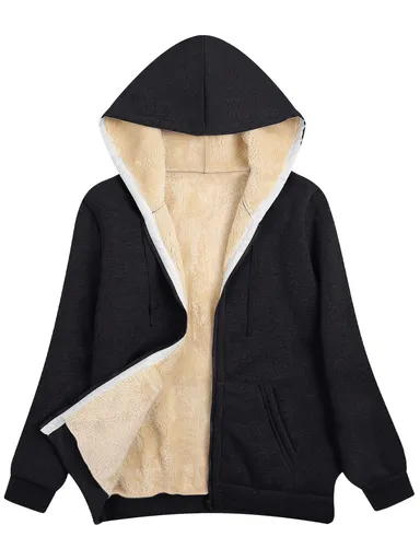 Fleece-Lined Hooded Jacket Women'S Winter Jacket Autumn Winter Coat Hooded - Black - Size XL(AU XL/EU52)