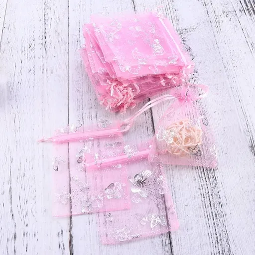 100Pcs Pink Mesh Drawstring Pouches Durable for Party Favor Wedding Candy and Small Bags