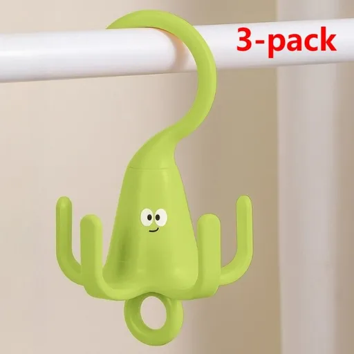 3-Pack - Cute Cartoon 5-Claw Rotating Hook, Multi-Purpose Closet Organizer Hanger for Hats, Bags, Belts, and Lingerie - Green