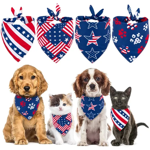4th of July Dog Bandanas 4 Pack Patriotic Stars and Stripes Triangle Bibs Red Blue American Flag Pet Scarf Washable Pet Neckerchie