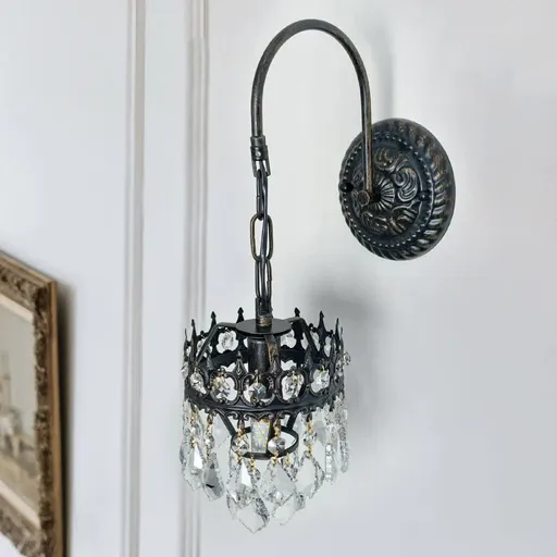 Vintage Wall Light Sconce with Clear Crystals, Black and Gold Glass Wall Lamp, 3-Mode Dimmable LED E14 Lighting Fixture for Home, Bathroom, Dining Room, Hallway