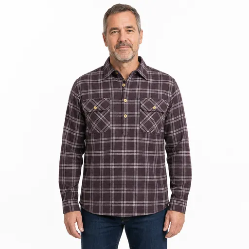 Mens Half Placket Flannelette Long Sleeve Pullover Shirt 100% Cotton Check Authentic Flannel - Burgundy
