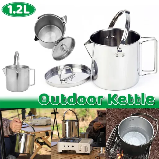 1.2L Portable Stainless Steel Camping Kettle Cookware For Hiking Outdoor Picnic