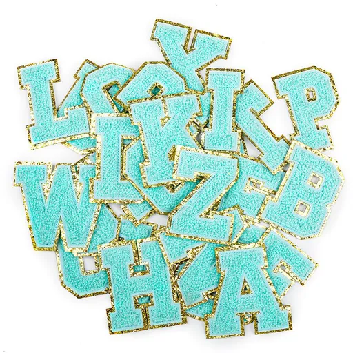 26pcs A-Z Gold Glitter Border Letters Patches Fuzzy Embroidered Letter Sew on Patches for Clothes, Jacket, Bag ( Light-Blue)