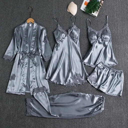 Women Five Piece Sleepwear Set Polyester V Neck Grey XL