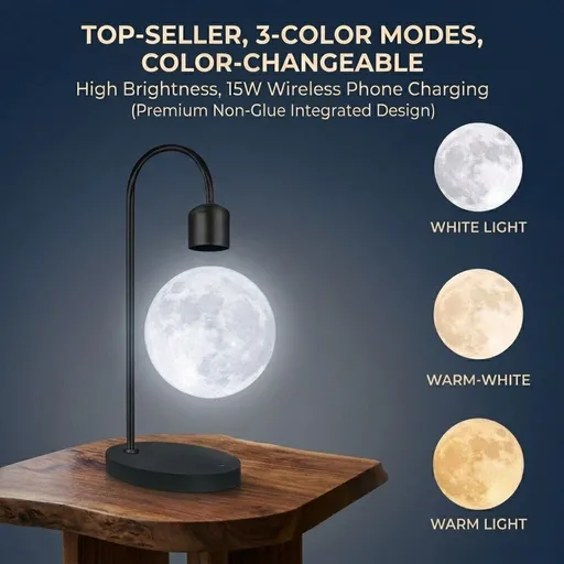 Levitating Moon Lamp with 15W Wireless Charger – 3D Printed Realistic Lunar Texture, 3 Color Modes, Magnetic Floating Globe Desk Light for Bedroom, Office, and Gift Giving (Black, Top‑Seller, 3‑Color Modes, Color‑Changeable, High Brightness, 15W Wire