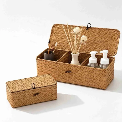 1Pcs Rectangular Small Woven Shelf Baskets with Lid 3 Compartment Storage Woven Basket for Bathroom Organizer Small Bins Home Decor