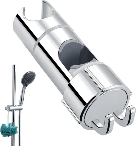 Slide Piece for Shower Rod - ø 18-25 mm - Hand Shower Bracket - With 2 Hooks - Chrome - Adjustable - ABS - Hand Shower - Shower Head - Shower Head Holder - Hand Shower Holder - Shower - Bathroom - Silver - Universal - For Shower Rod - Easy Installati