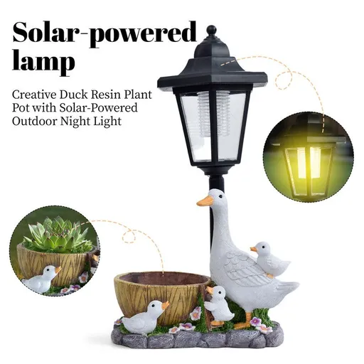 Outdoor Decorative Solar Light Cute Duck Flower Pot Vintage Style Garden Ornament Waterproof Resin Warm Yellow LED