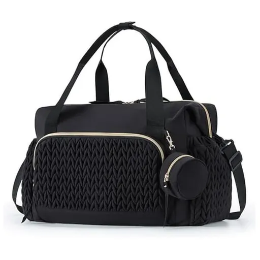 Black Large Quilted Diaper Bag Tote, Multi‑Functional Travel Baby Bag with Changing Mat & Pacifier Pouch, Stylish Maternity Hospital Bag for Labour & Delivery