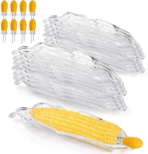 18 Pcs Corn Dish Set, Clear Plastic Tray with 8 Cob Holders, Transparent on The Dinnerware Barbecue Service Stainless Steel Skewer Needle for Sweet Butter