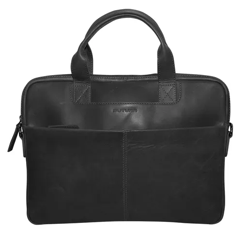 Futura Mens Slimline Leather Laptop Bag School Work Satchel Shoulder Strap - Black