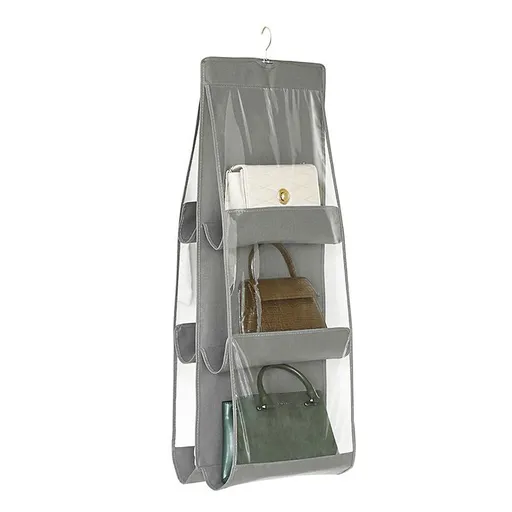 Grey 6-compartment Hanging Handbag Organizer - Double-Sided Non-Woven PVC Storage Bag with Transparent Pockets - Space-Saving Wardrobe Closet Hanger for Purses and Accessories