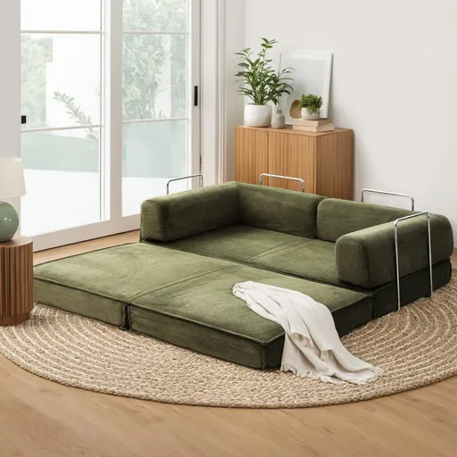 Convertible Folding Sofa Bed 2 Seater Corduroy Green 180 x 100 x 68 cm