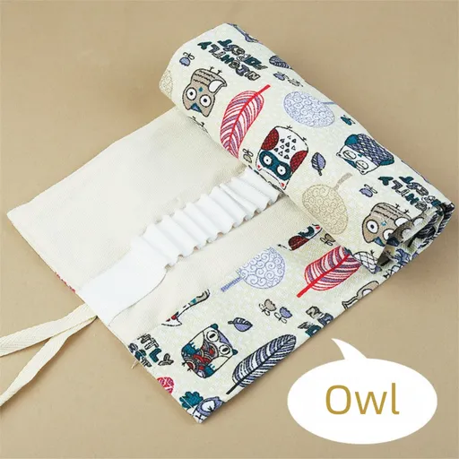 108-Slot Print Canvas Pencil Roll (Owl)- Large Capacity Roll-Up Pencil Case with Individual Holders and Tie Closure for Coloured Pencils, Drawing and Sketching