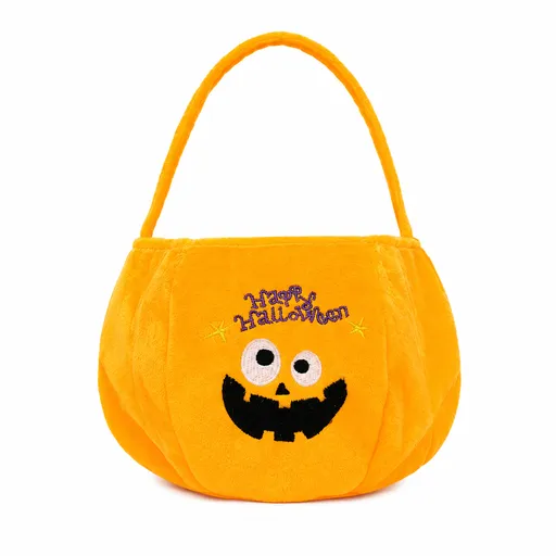 Yellow bag with a pumpkin pattern - Plush Halloween Trick or Treat Candy Bag - Polyester Tote with Embroidered Face, Lightweight Portable Goody Pouch for Party Favors and Trick or Treating