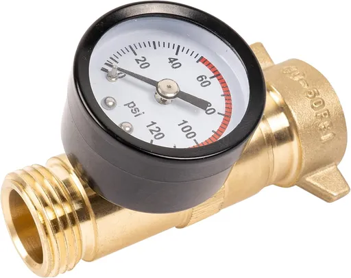 Brass RV Water Pressure Regulator, Hi-Flow Water Regulator with Filter Screen and Gauge for RVs, Caravans, and Plumbing Systems