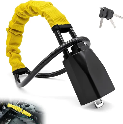 Yellow 28 Inch Car Steering Wheel Anti Theft Lock - Universal Steel Cable Anti Shear Seat Belt Lock with 3 Keys and Protective Sleeve, Waterproof and Rustproof
