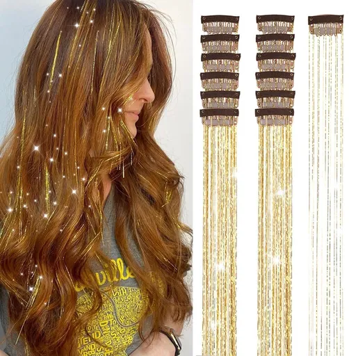Hair Tinsels - Festival Glitter Hair Extensions - Glittery Hair Extensions - 12-Piece Clip-On Hair Accessory Set - 52cm, for Christmas and New Year, Glittery Hair Extensions, Suitable for Women, Girls and Children (Gold)