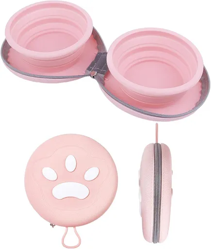 Dog Food Bowl - Foldable Dog Food Bowl - Outdoor Pet Food Bowl - 2-in-1 Dog Food Bowl - with Zippered Storage Bag and Carabiner - Suitable for Travel, Hiking, Camping and Other Activities (Pink)