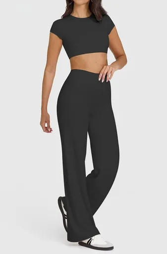 S Size Black High Waisted Flare Yoga Pants for Women - M-Shaped Peach Hip Lifting Wide-Leg Workout Trousers with Soft & Skin Feel Four Way Stretch Fabric, Breathable & Quick Dry