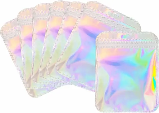 100 Pcs Holographic Resealable Packaging Bags for Small Business Supplies, Cute Small Color Smell Proof Bags Plastic Baggies for Lip Gloss Soap Party Food Storage 4x6inch