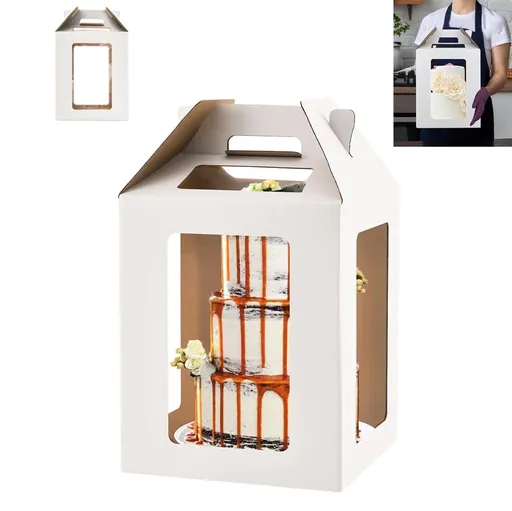 Tall Cake Box with Clear Window and Handle, 12 x 18 in Tiered Cake Carrier for Birthday, Wedding and Party Baking, White, 18 in