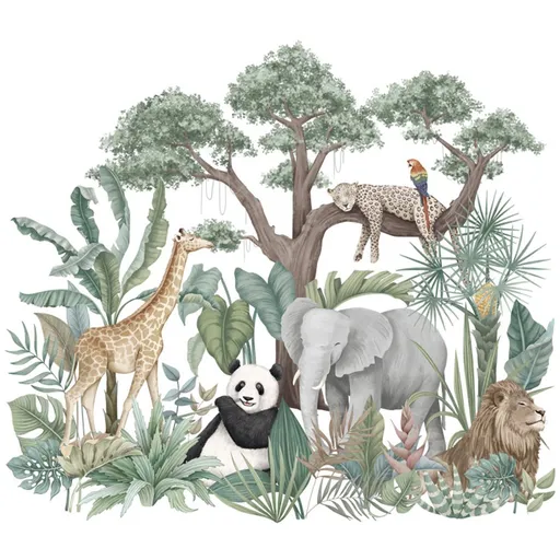Tropical Rainforest Plants Tree Wall Stickers Elephant Lion Long Neck Deer Leopard Panda Wall Stickers Children's Home