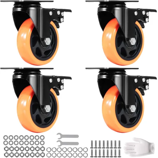 Caster Wheels, 101.6 mm Swivel Plate Casters, Set of 4, with Security A/B Locking No Noise PVC Wheels, Heavy Duty 159 kg Load Capacity Per Caster, Non-Marking Wheels for Cart Furniture Workbench
